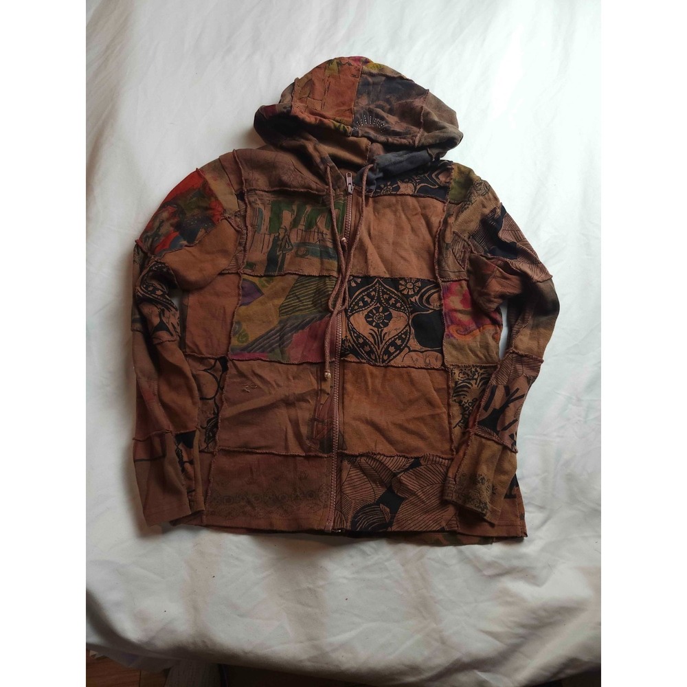 Take Two Hoodie Womens Size PL Brown Patchwork Boho Fairycore Gorpcore Full Zip